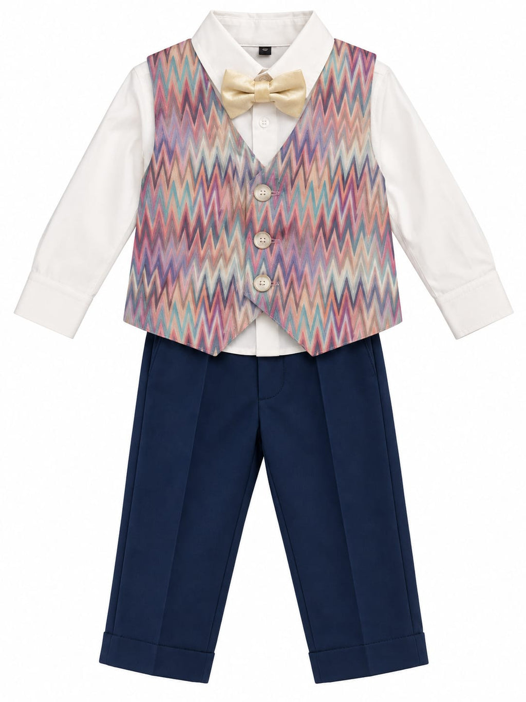 Boys Golden Velvet Blazer with Bow Tie & Navy Trousers – Premium Party Wear Suit Set