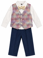 Boys Golden Velvet Blazer with Bow Tie & Navy Trousers – Premium Party Wear Suit Set