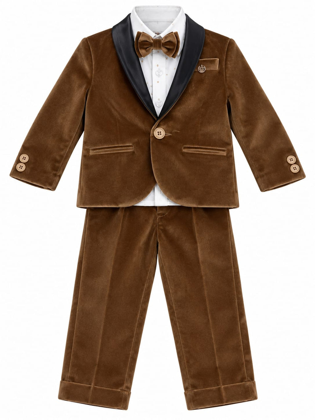 Premium Boys Brown Velvet Tuxedo Suit Set with Black Shawl Collar & Bow Tie