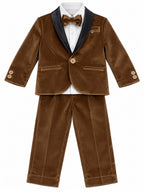 Premium Boys Brown Velvet Tuxedo Suit Set with Black Shawl Collar & Bow Tie