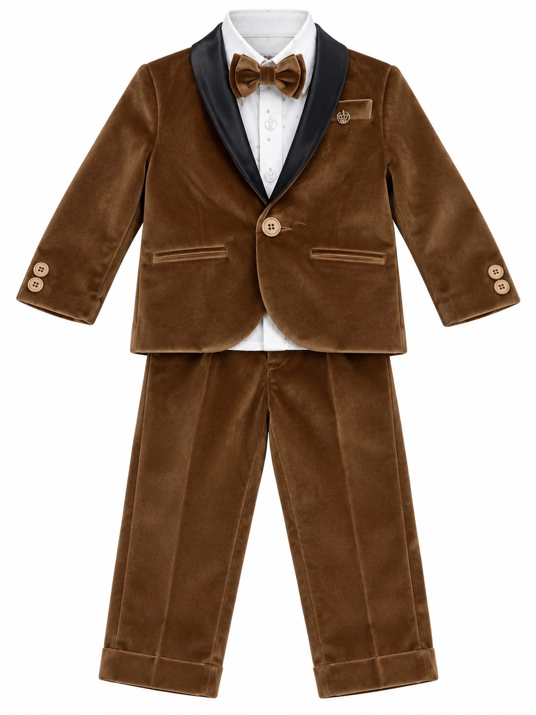 Premium Boys Brown Velvet Tuxedo Suit Set with Black Shawl Collar & Bow Tie