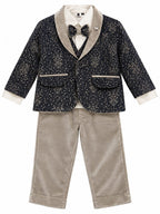 Boys Black & Beige Printed Blazer Suit Set with Bow Tie – Premium Party Wear