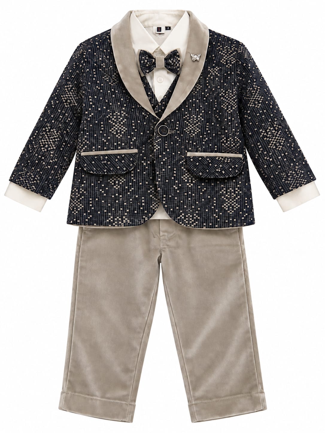 Boys Black & Beige Printed Blazer Suit Set with Bow Tie – Premium Party Wear