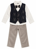 Boys Black & Beige Printed Blazer Suit Set with Bow Tie – Premium Party Wear