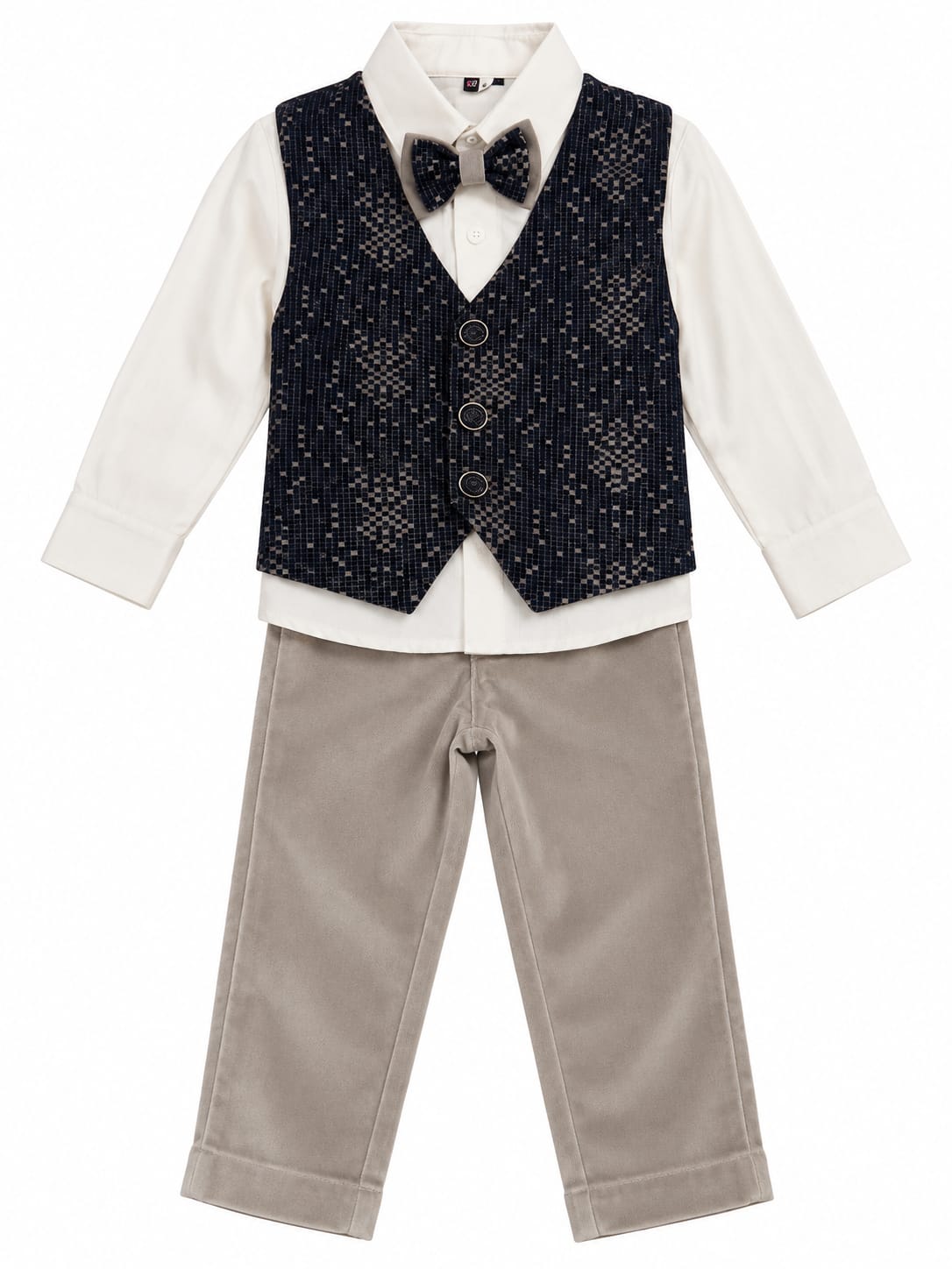 Boys Black & Beige Printed Blazer Suit Set with Bow Tie – Premium Party Wear