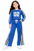Girls Sports Co-Ord Set | Full Sleeve Sweatshirt and Wide Leg Track Pants | 02 Graphic Print | Side Stripe Detail | 2-Piece Casual Tracksuit