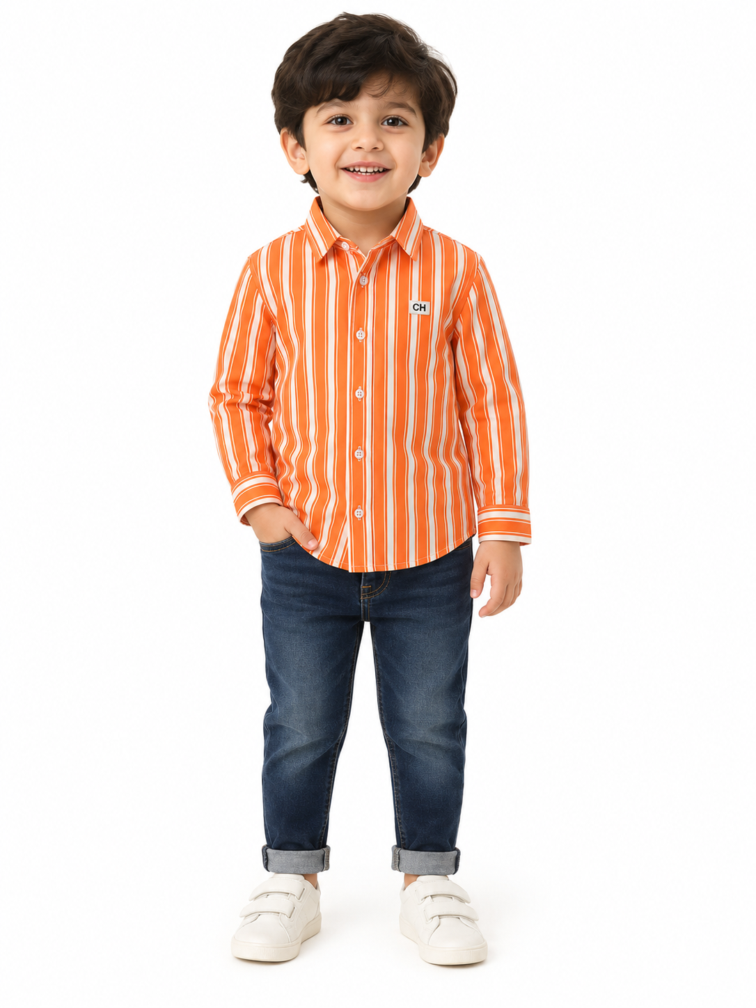 Boys Orange Vertical Striped Long Sleeve Shirt