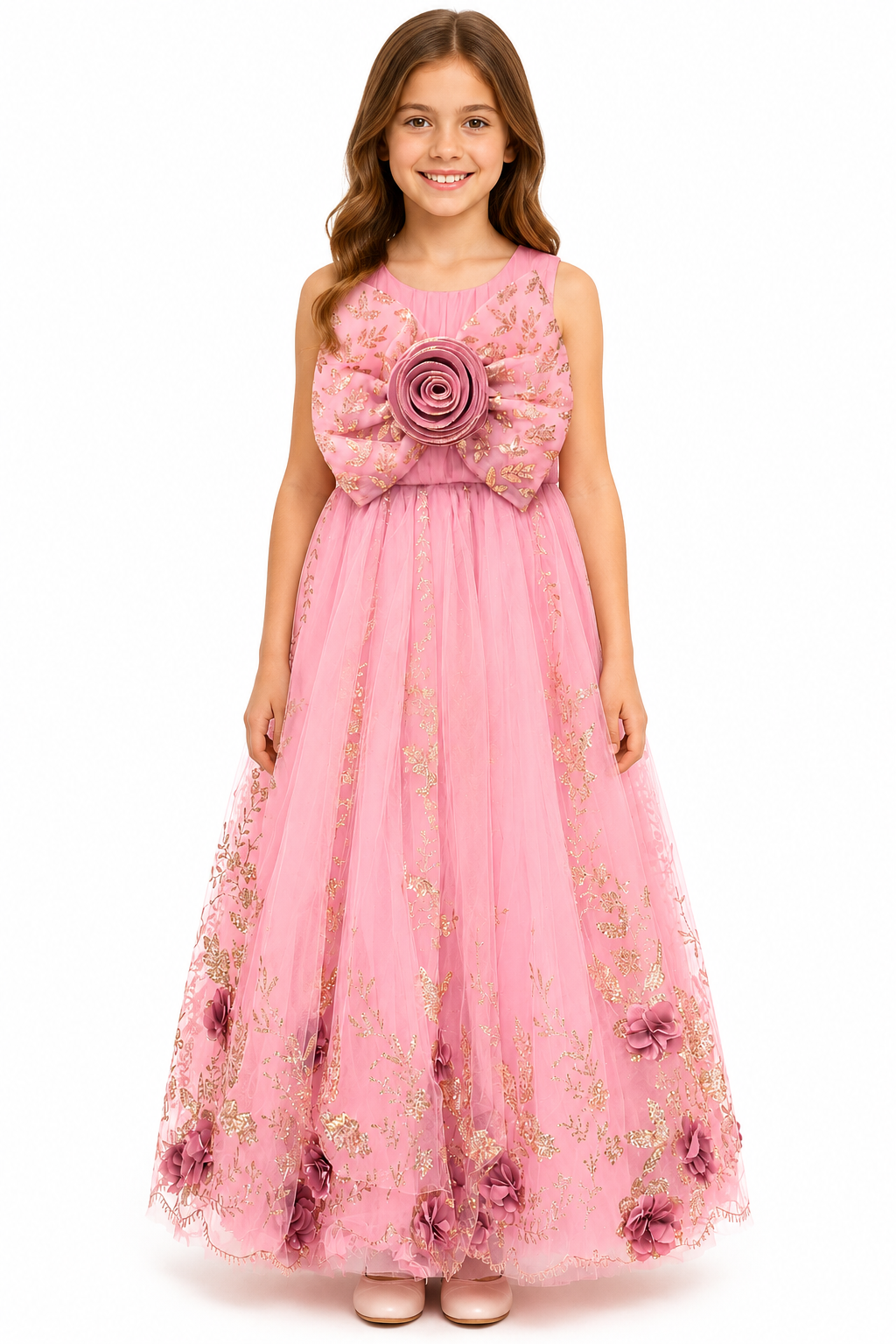 Girls Pink Sleeveless Floral Mesh Gown / Party Dress