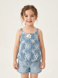 Blue Floral Embroidered Sleeveless Bubble Top