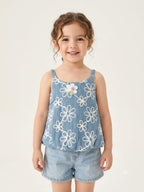 Blue Floral Embroidered Sleeveless Bubble Top