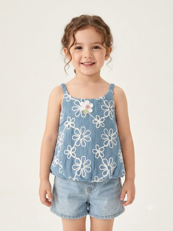 Blue Floral Embroidered Sleeveless Bubble Top