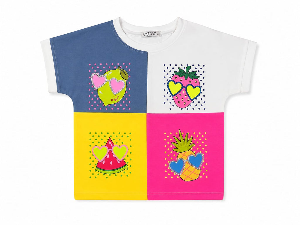 Girls Color Block Fruit Print Half Sleeve Top