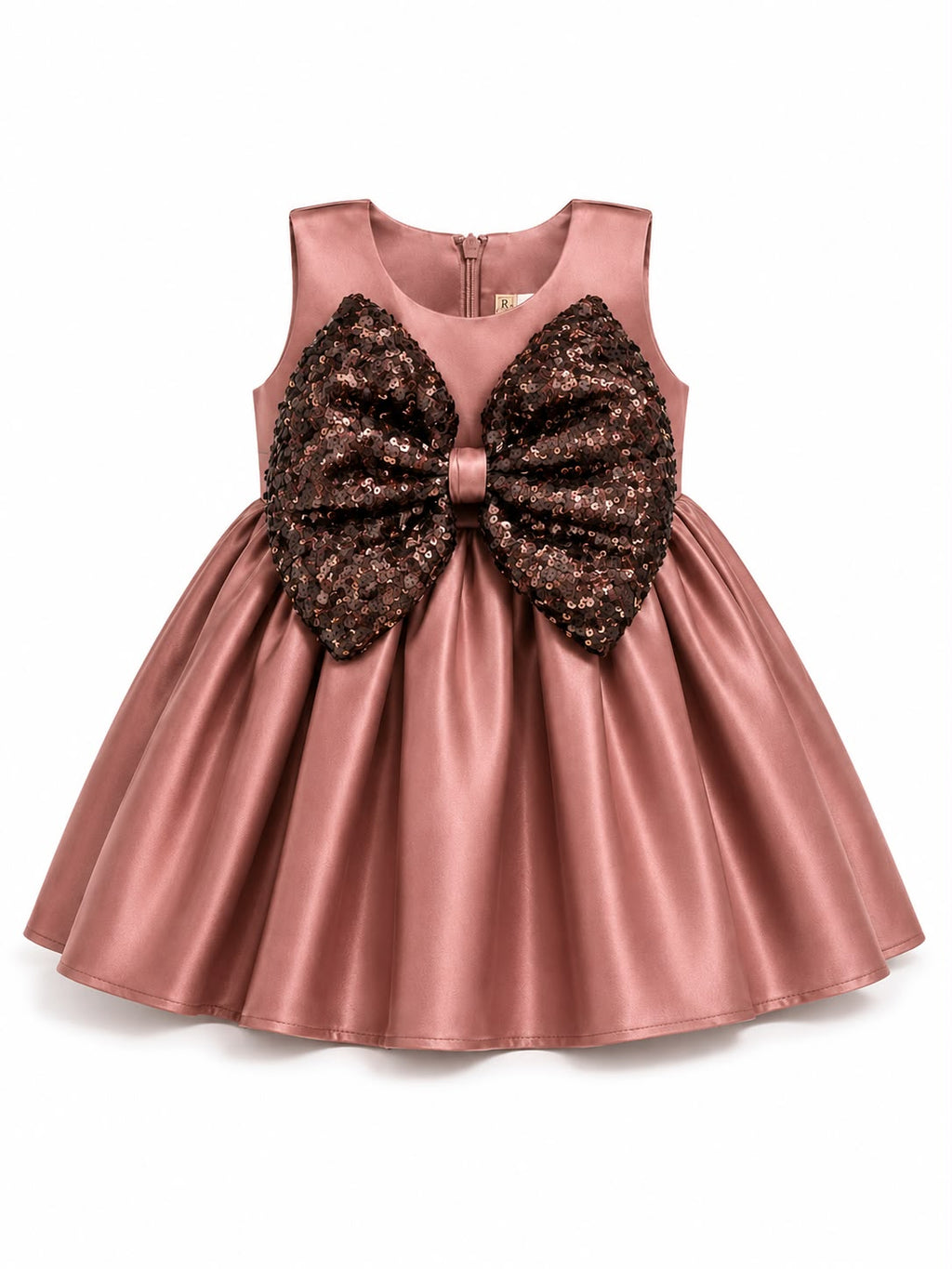 Girls' Satin Party Wear Frock with Sequin Bow – Elegant Dusty Rose Sleeveless Dress