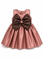 Girls' Satin Party Wear Frock with Sequin Bow – Elegant Dusty Rose Sleeveless Dress