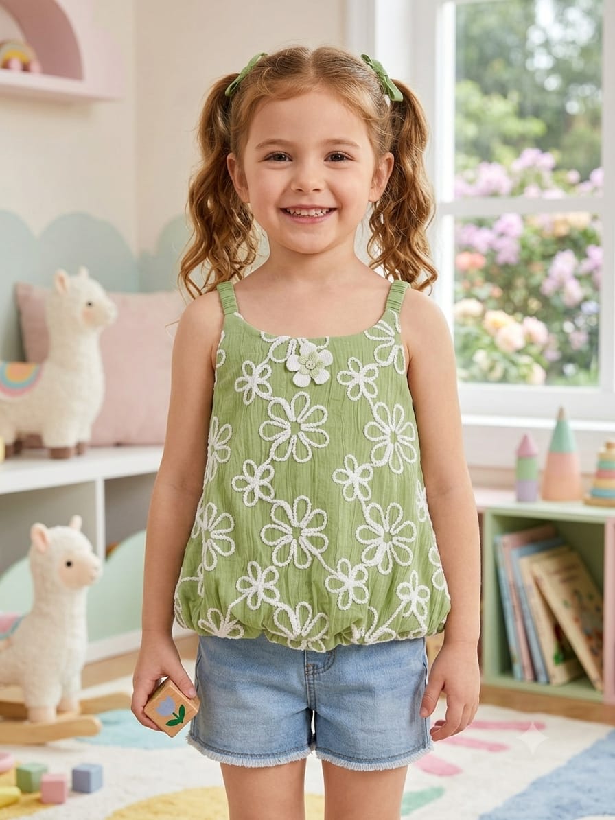 Green Floral Embroidered Sleeveless Bubble Top