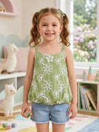 Green Floral Embroidered Sleeveless Bubble Top
