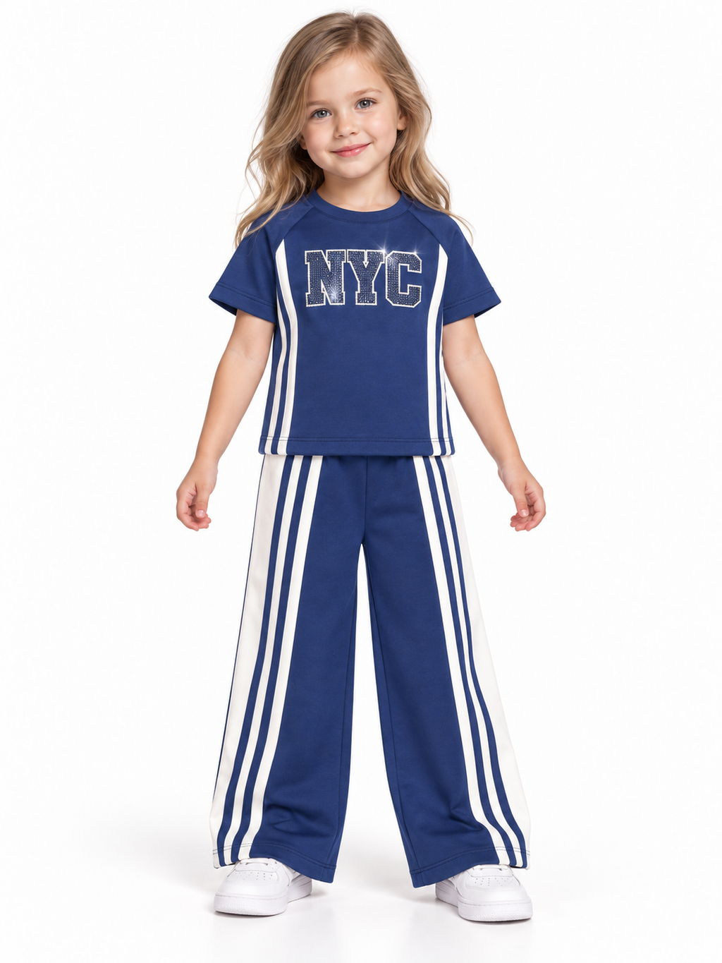 Girls Navy Blue Printed T-Shirt & Pants Co-Ord Set