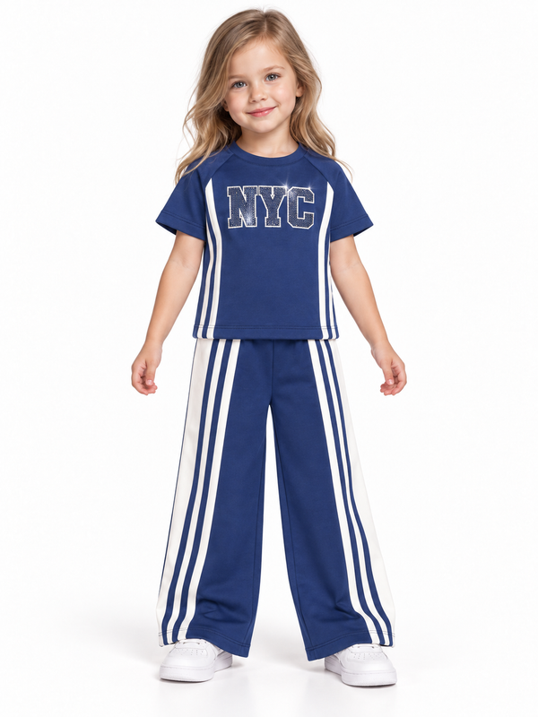 Girls Navy Blue Printed T-Shirt & Pants Co-Ord Set
