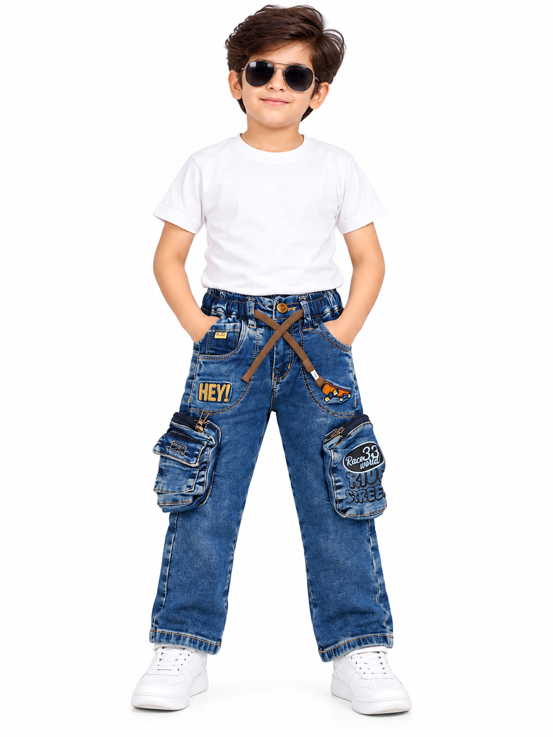 Boys Dark Blue Printed Denim Cargo Jeans with Adjustable Drawstring Waist, Multiple Utility Pockets and Graphic Patch Detailing – Stylish Casual Wear