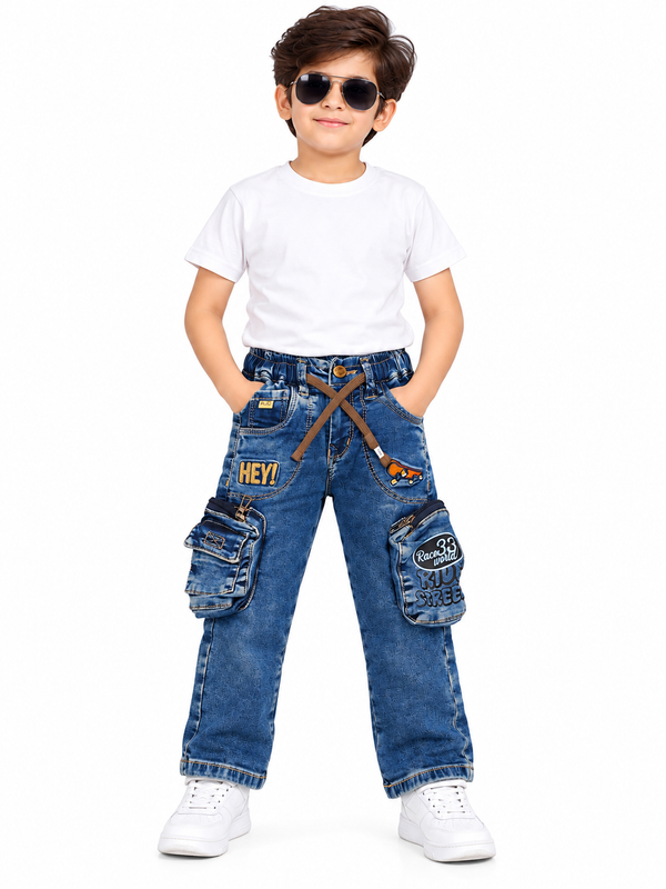 Boys Dark Blue Printed Denim Cargo Jeans with Adjustable Drawstring Waist, Multiple Utility Pockets and Graphic Patch Detailing – Stylish Casual Wear