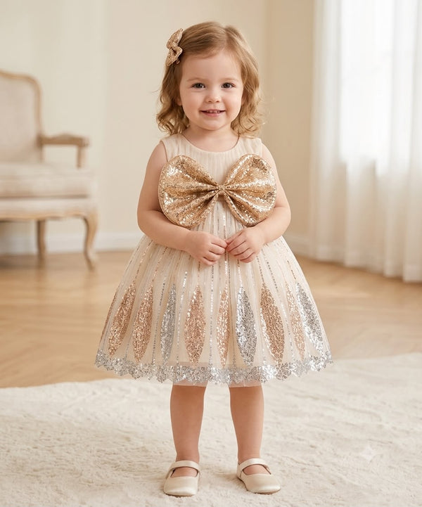 Elegant Girls' Sequin Bow Party Frock – Champagne Gold & Silver Sleeveless Dress