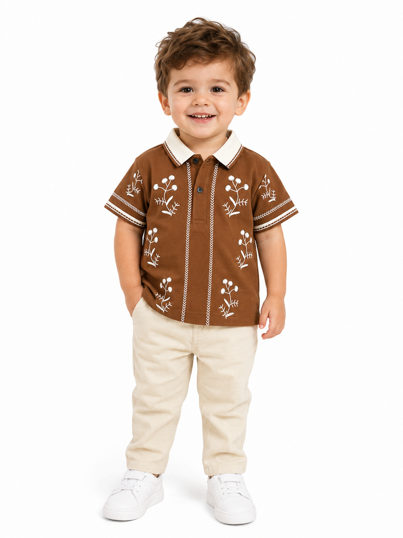 Boys' Brown Embroidered-Style Party Wear Polo T-Shirt