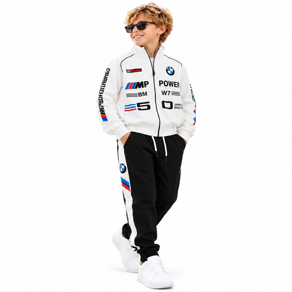 Boys White and Black Printed Co-Ord Set | Full Sleeve Zip-Up Jacket with Matching Jogger Pants | Sporty Casual Outfit for Kids