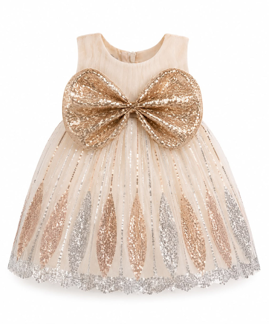 Elegant Girls' Sequin Bow Party Frock – Champagne Gold & Silver Sleeveless Dress