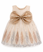 Elegant Girls' Sequin Bow Party Frock – Champagne Gold & Silver Sleeveless Dress