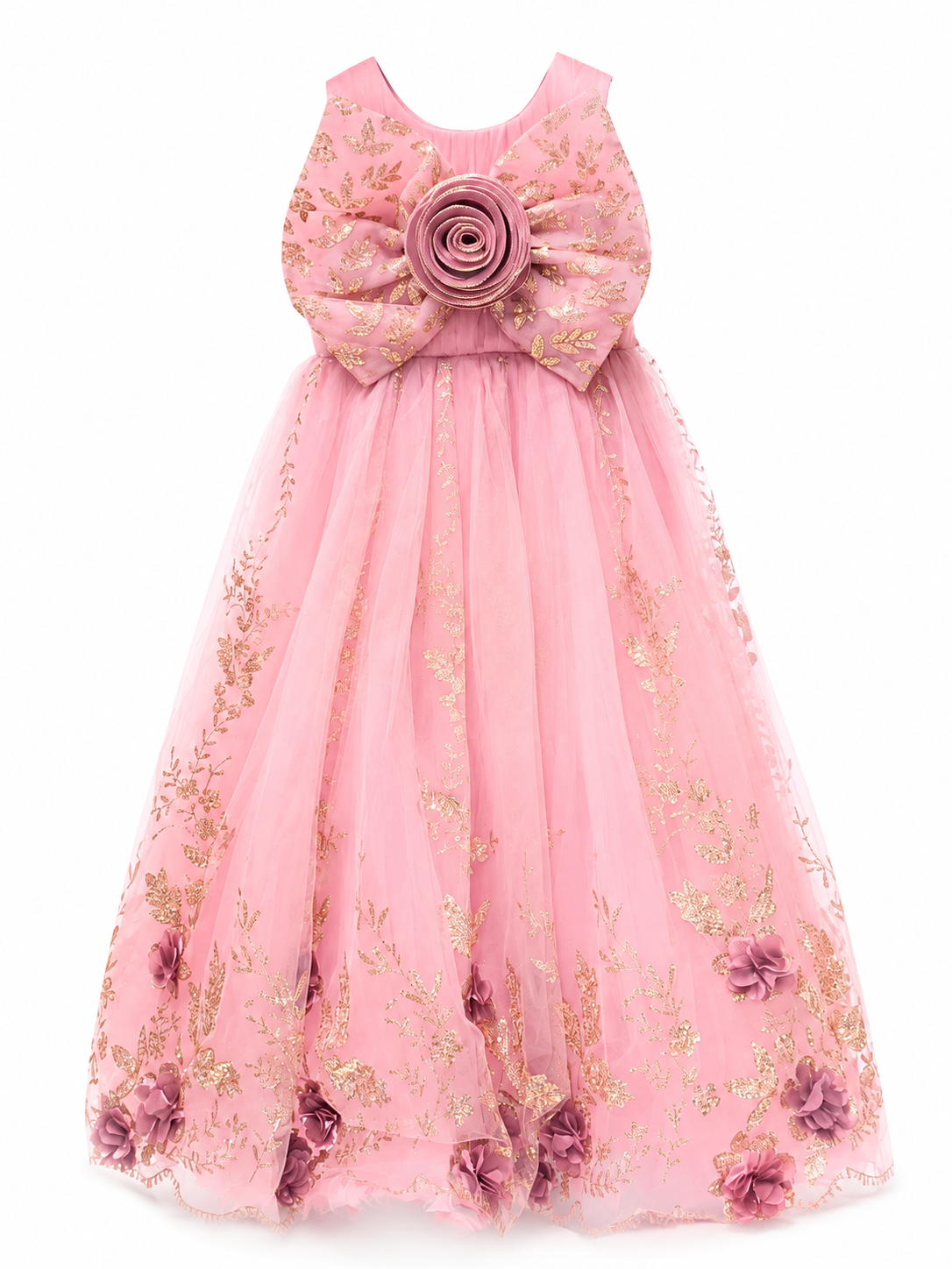 Girls Pink Sleeveless Floral Mesh Gown / Party Dress