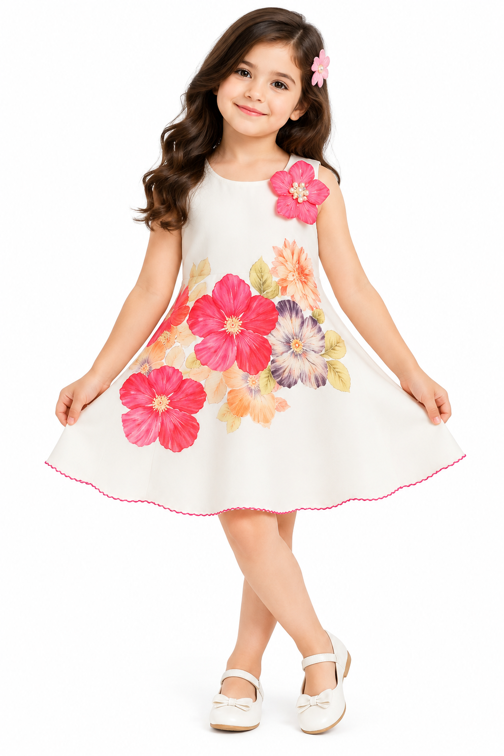 Girls White Floral Printed Sleeveless Party Wear Dress with 3D Pink Flower Embellishment and Flared A-Line Skirt – Stylish Designer Dress