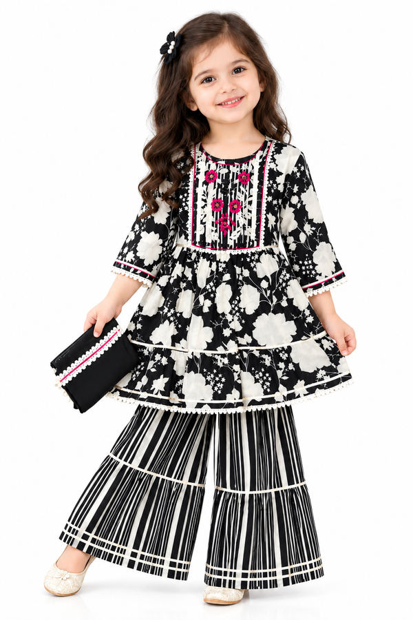 Girls Black and White Sharara Set | Floral Print Kurti with Striped Sharara Pants and Matching Dupatta | 3-Piece Ethnic Wear for Festivals and Parties]