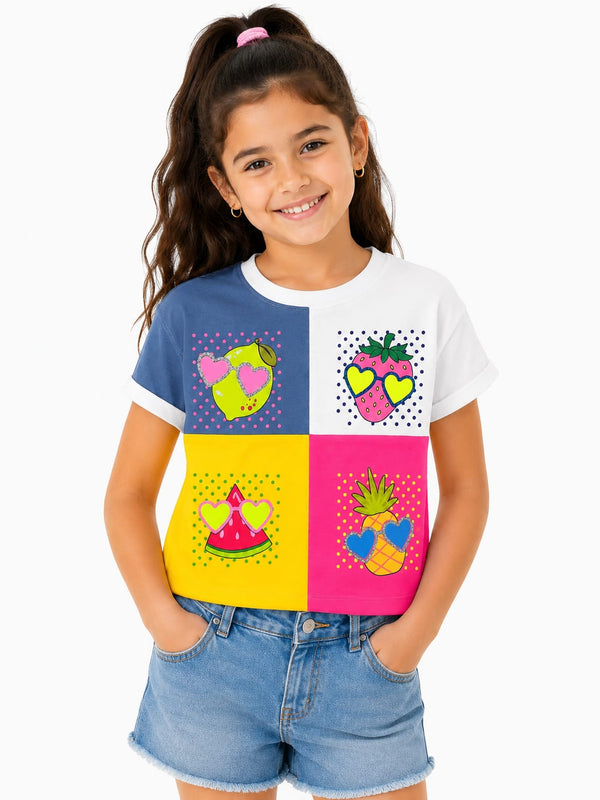 Girls Color Block Fruit Print Half Sleeve Top