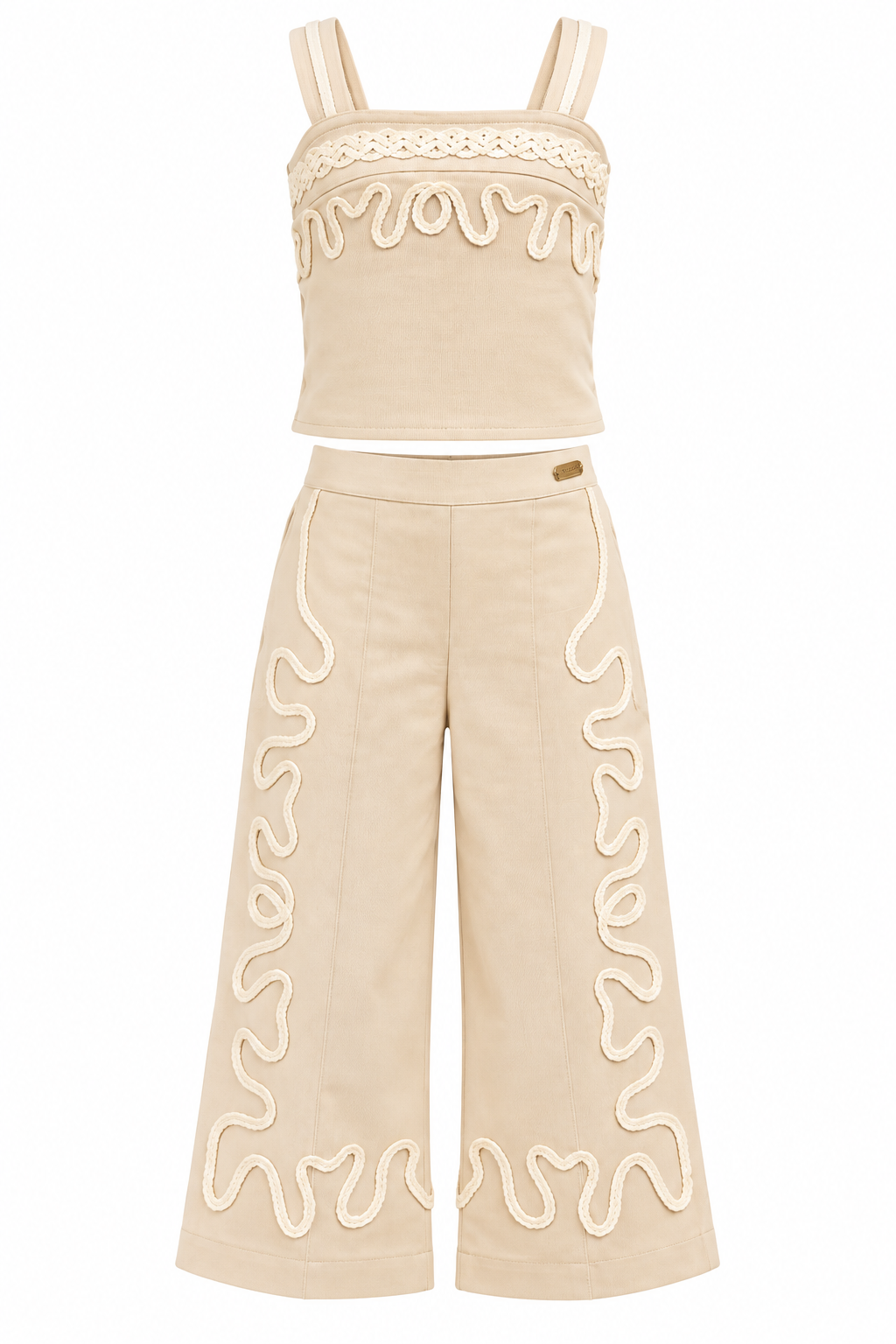 Girls Beige Embroidered Co-Ord Set with Sleeveless Top and Wide Leg Pants – Stylish Designer 2-Piece Party Wear Outfit