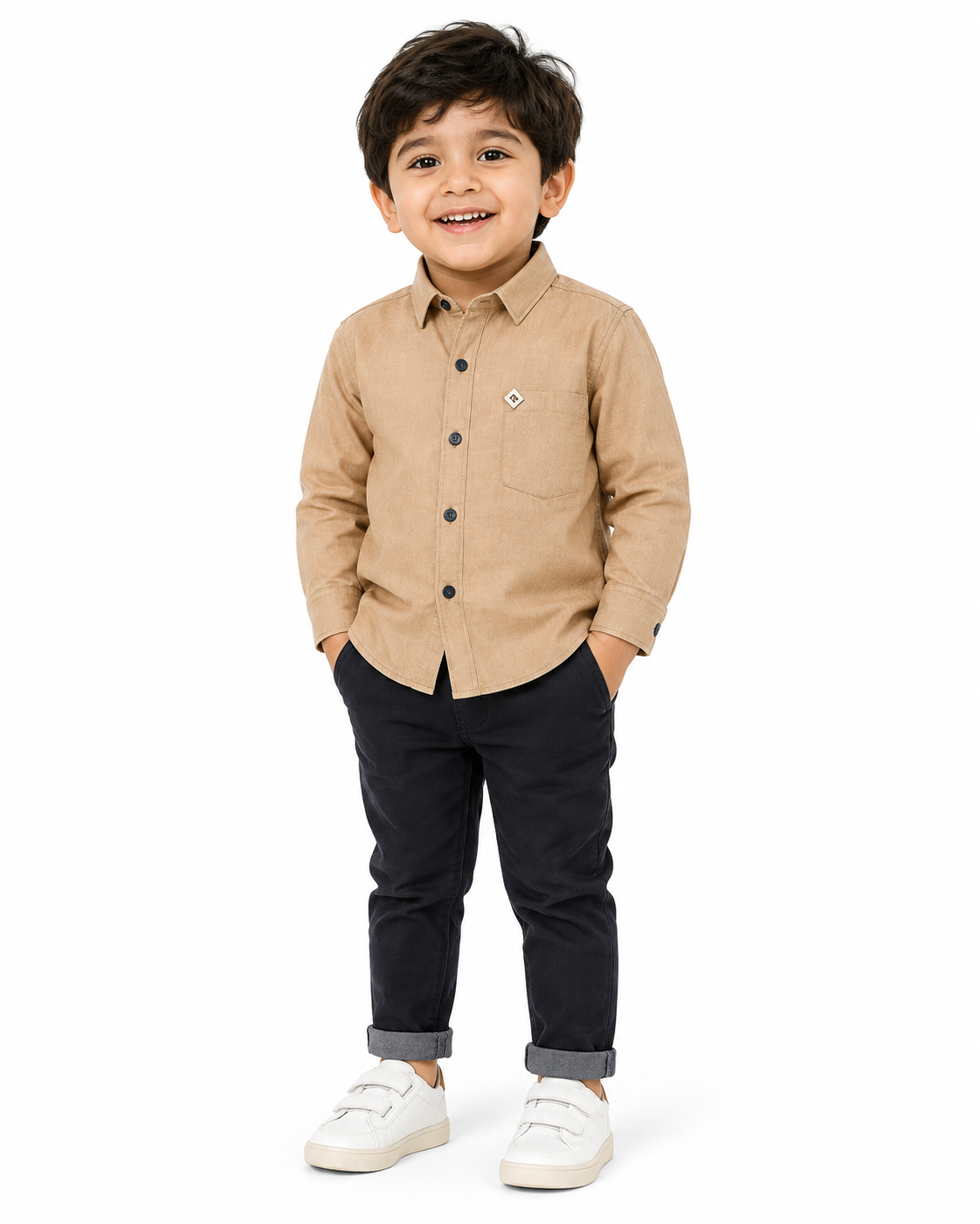 Boys Tan Beige Long Sleeve Cotton Shirt