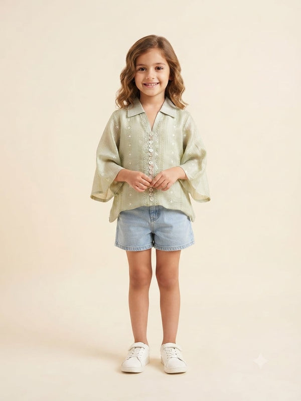 Sage Green Embroidered Girls Collared top