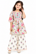 Girls Floral Printed Kurta Sharara Set | 3/4 Sleeve Ethnic Top with Matching Wide Leg Pants | Colourful Traditional Festive Wear for Kids