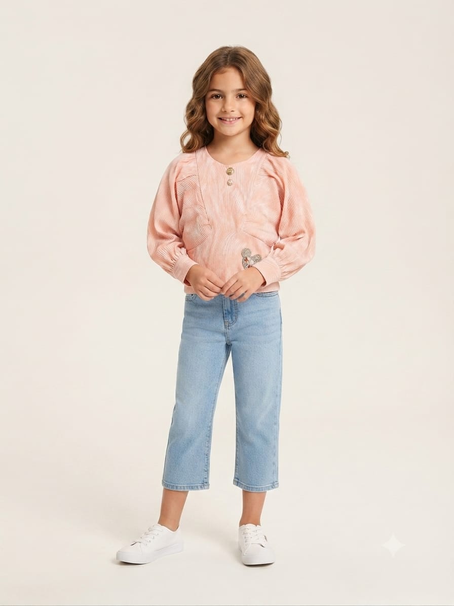 Peach Printed Puff Sleeve Girls Top