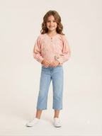 Peach Printed Puff Sleeve Girls Top