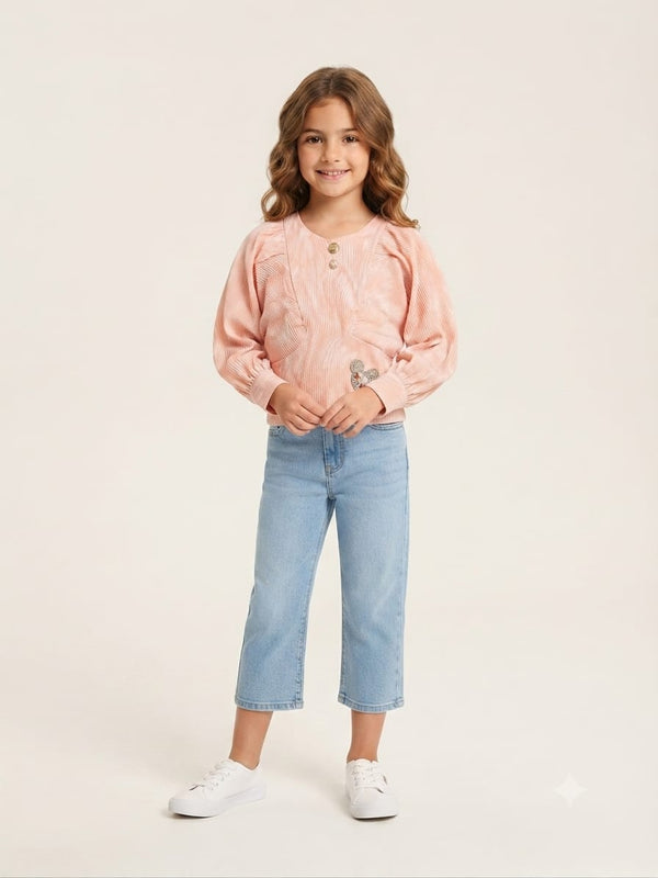 Peach Printed Puff Sleeve Girls Top