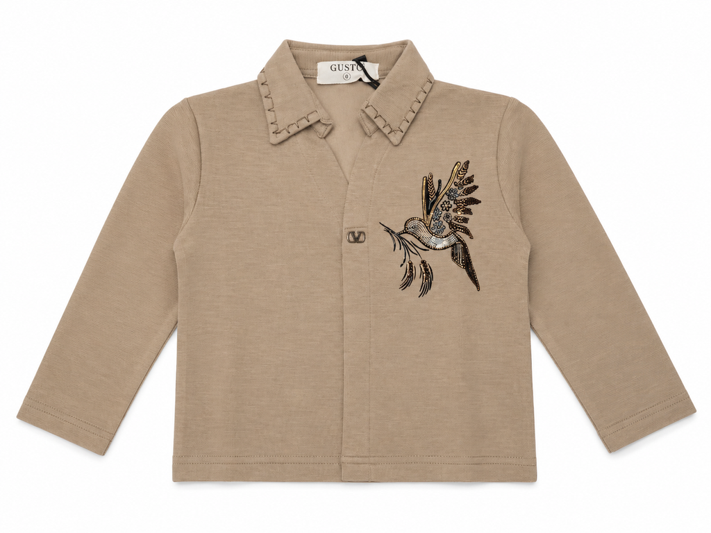 Boys' Elegant Tan Party Wear Collared Long-Sleeve Top