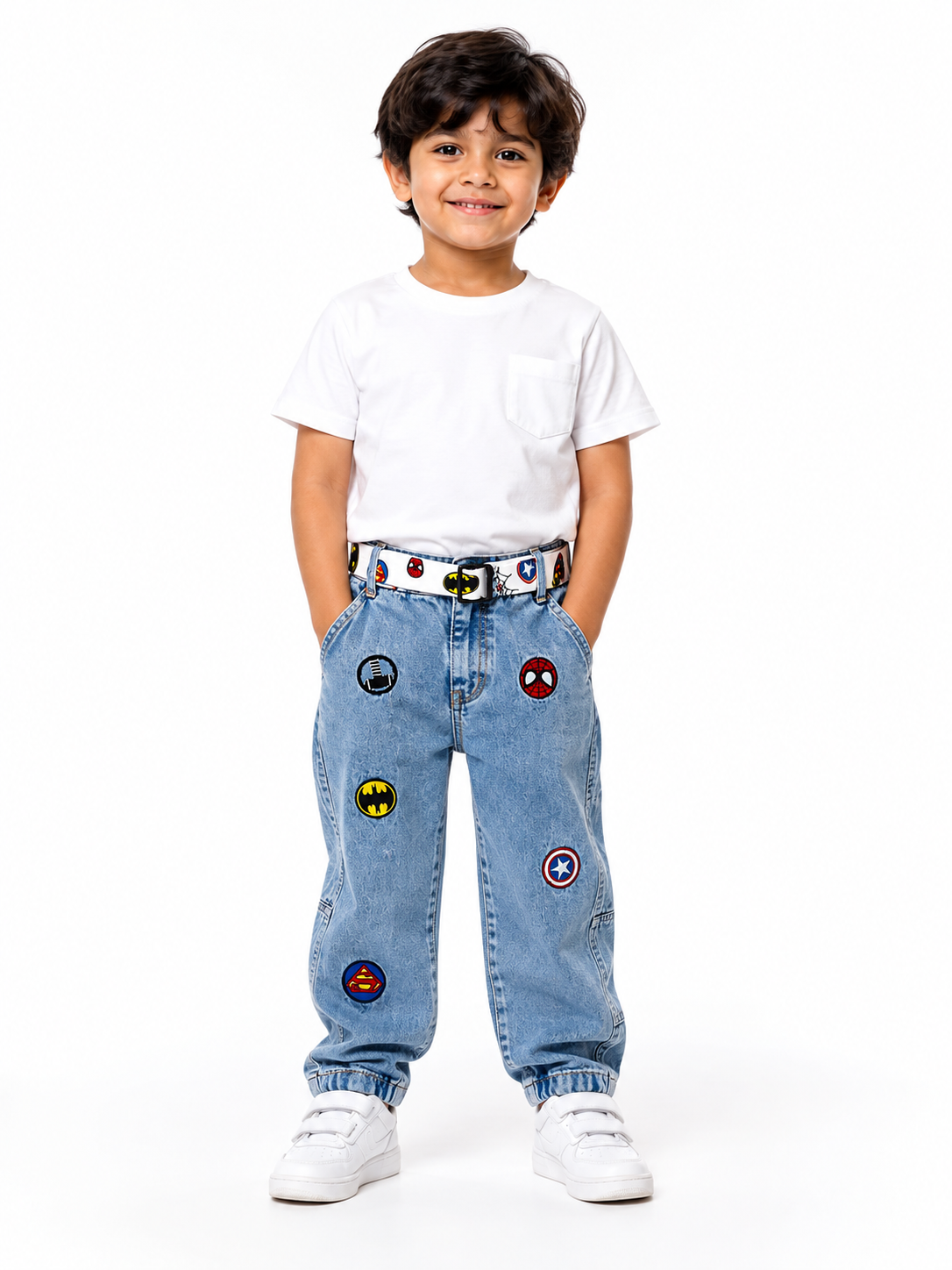 Boys Blue Marvel Patchwork Straight Fit Jeans