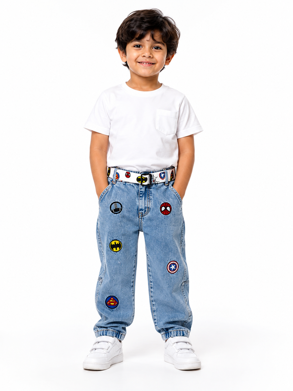 Boys Blue Patchwork Straight Fit Jeans