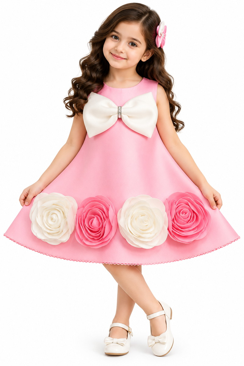 Girls Pink Sleeveless Party Wear Frock with Large White Bow, 3D Pink & White Rose Floral Appliqué and Decorative Hem – Designer Birthday Dress