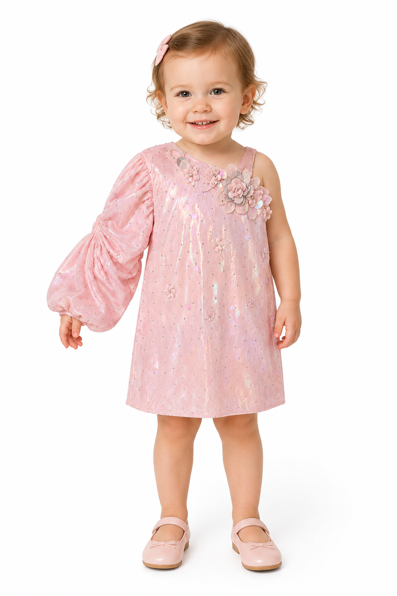 Girls Pink Long Sleeve Midi Dress with Shoulder Accent