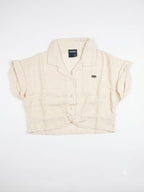Girls Beige Collared Knot Front Crop Top