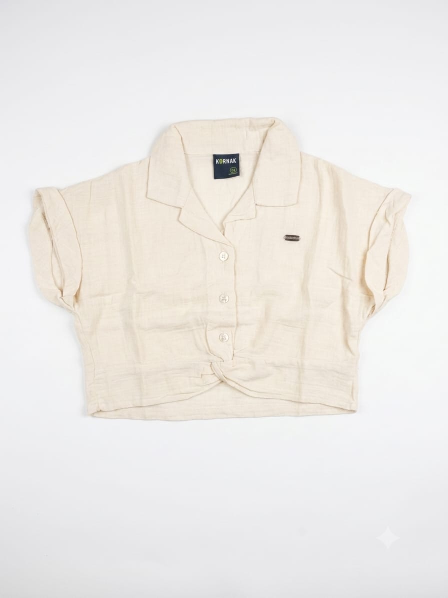 Girls Beige Collared Knot Front Crop Top