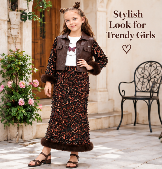 Girls Brown Designer Co-Ord Set with Faux Leather Jacket, Full Sleeve Printed Maxi Dress with Fur Detailing – Stylish Party Wear Outfit
