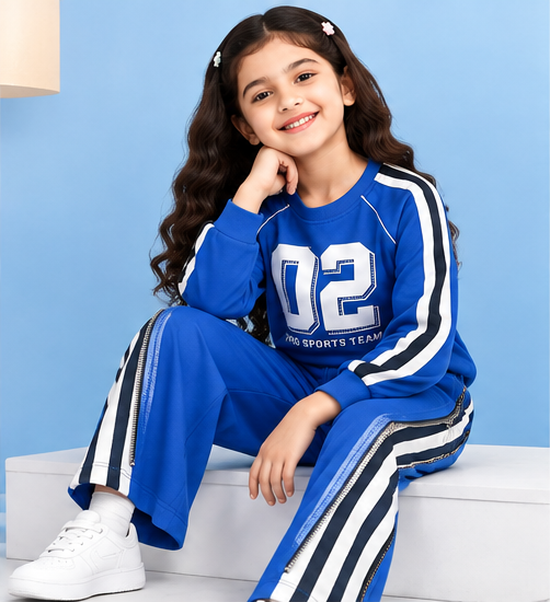 Girls Sports Co-Ord Set | Full Sleeve Sweatshirt and Wide Leg Track Pants | 02 Graphic Print | Side Stripe Detail | 2-Piece Casual Tracksuit