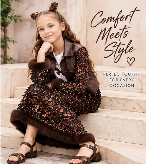 Girls Brown Designer Co-Ord Set with Faux Leather Jacket, Full Sleeve Printed Maxi Dress with Fur Detailing – Stylish Party Wear Outfit